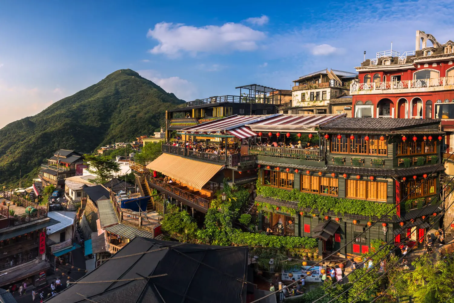 The colourful panorama view of Jiufen old city at evening, Jiufen, Taiwan
