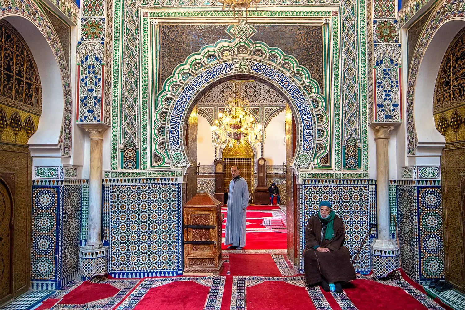 Inside courtyard and interior of The Zaouia Moulay Idriss II is shrine or mosque and is dedicated to and tomb of Moulay Idriss II in Fez, Morocco