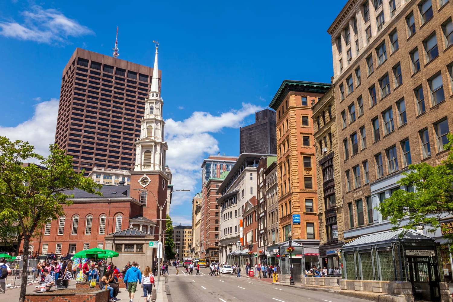 Boston's Freedom trail with the Park Street Church in the background on May 30, 2014. The Freedom Trail is a 2.5-mile-long red (mostly brick) path through downtown Boston.