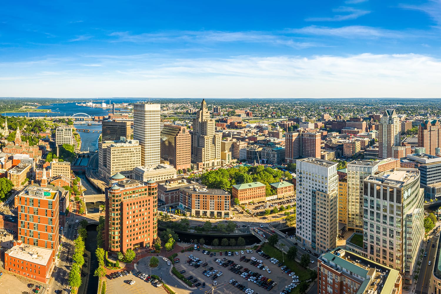 Aerial panorama of Providence skyline on a late afternoon. Providence is the capital city of the U.S. state of Rhode Island. Founded in 1636 is one of the oldest cities in USA.