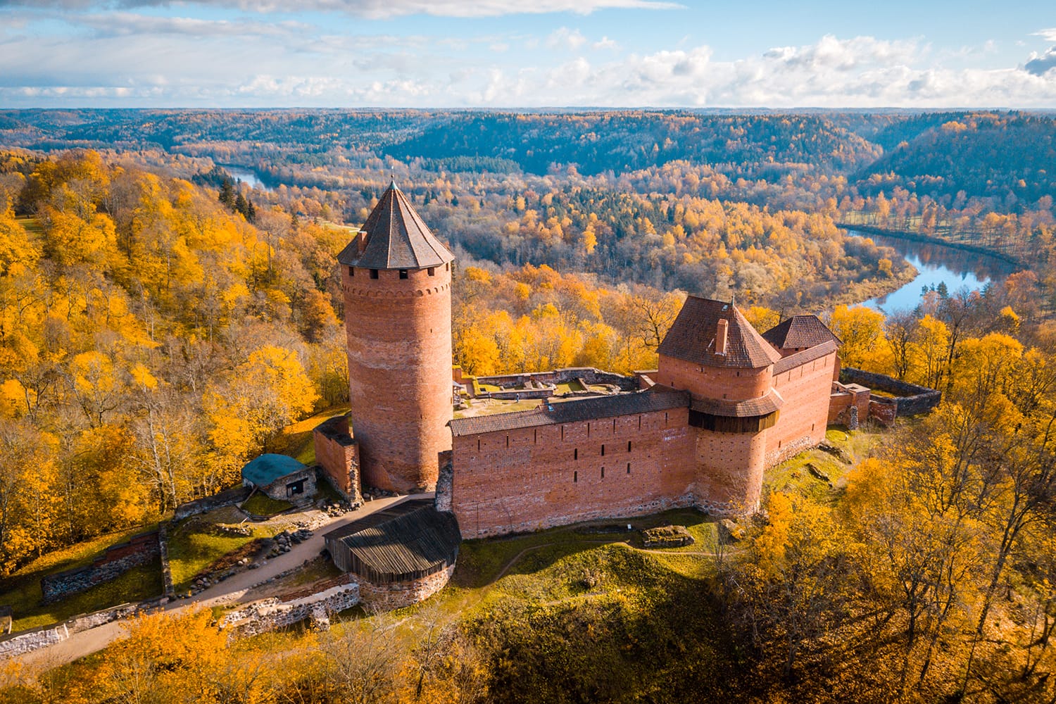 Amazing Aerial View over the Turaida Castle during Golden Hours, Sunset Time, Sigulda, Latvia