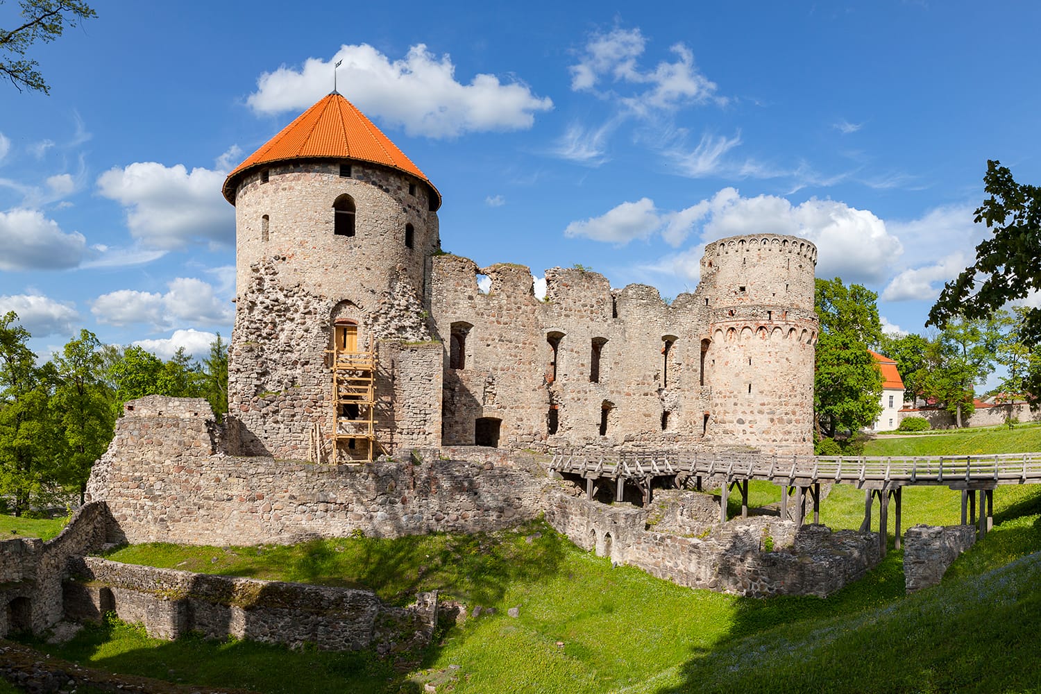 View of beautiful ruins of ancient Livonian castle in old town of Cesis, Latvia