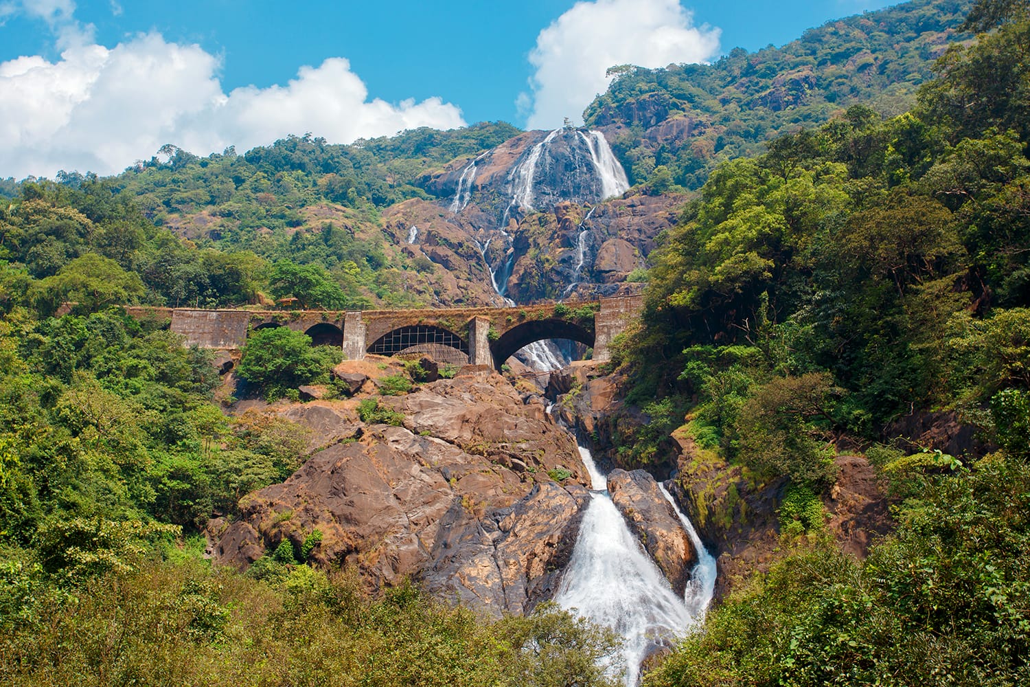 Beautiful view of the Dudhsagar waterfall and railroad bridge in Goa, India