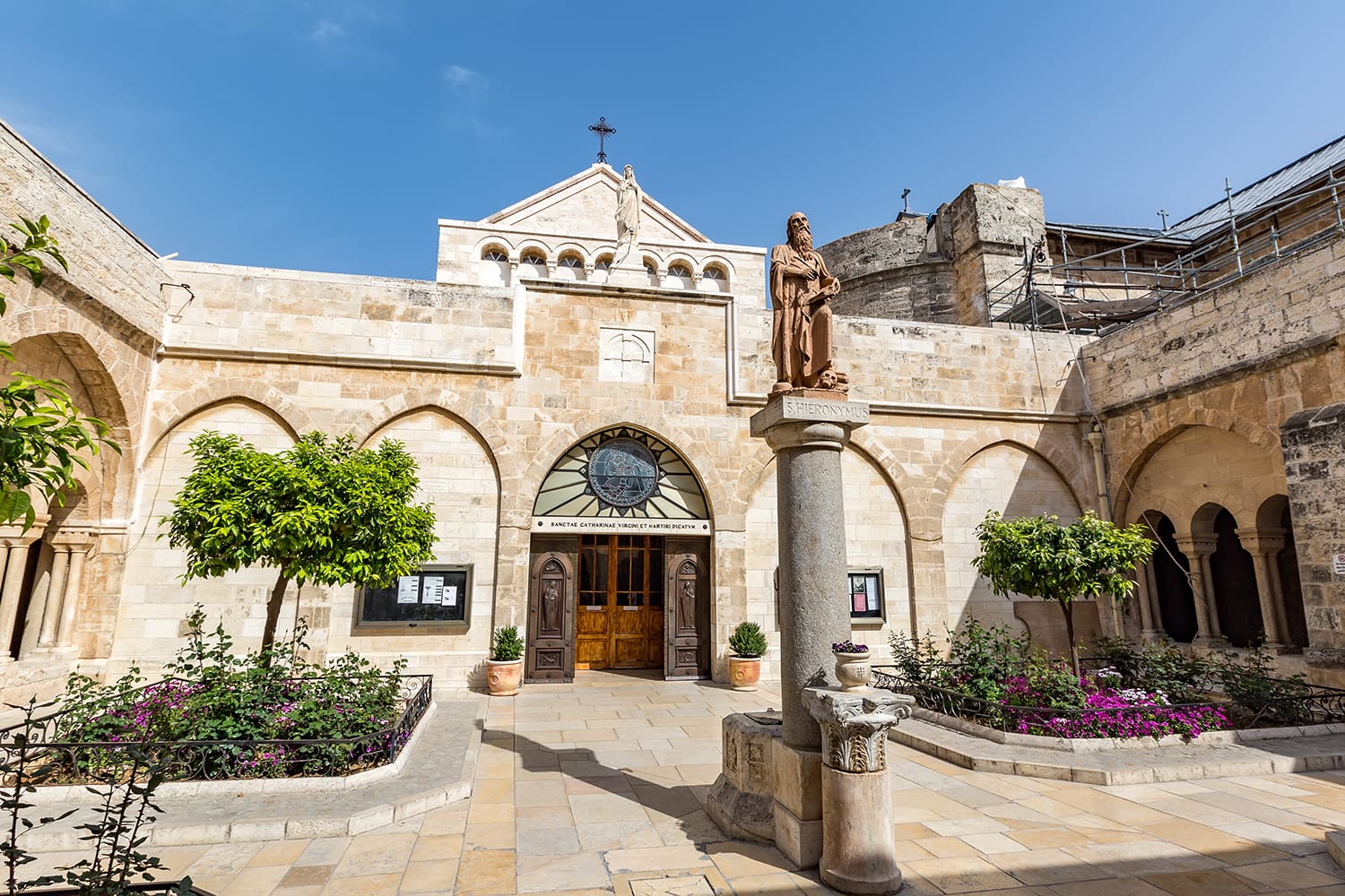 The statue to the St. Jerome located in the middle of the inner courtyard of the Church of the Nativity in Bethlehem.