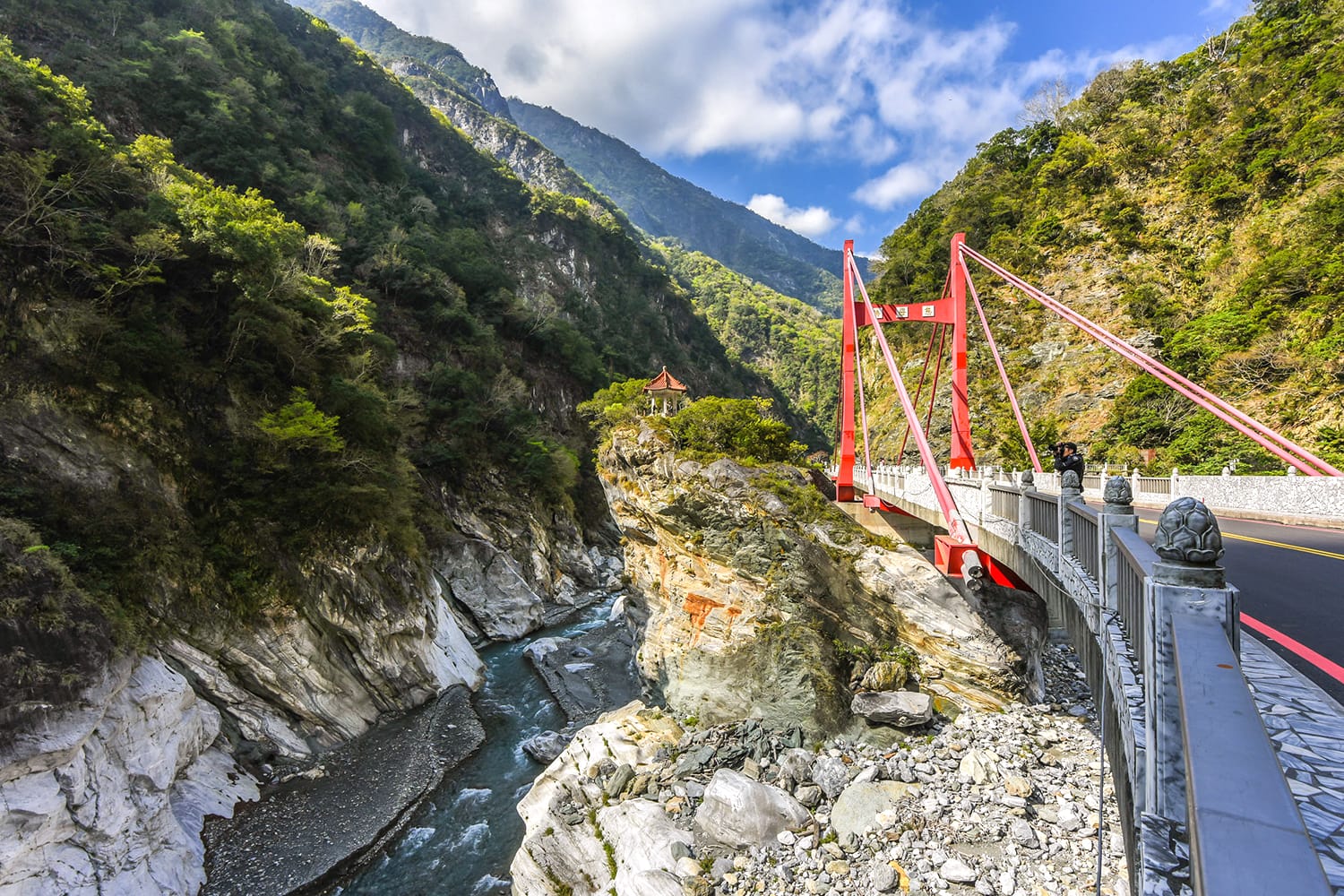 Red Bridge (Chinese Name"Cimu Bridge") on Liwu River, Taroko National Park, Hualien, Taiwan