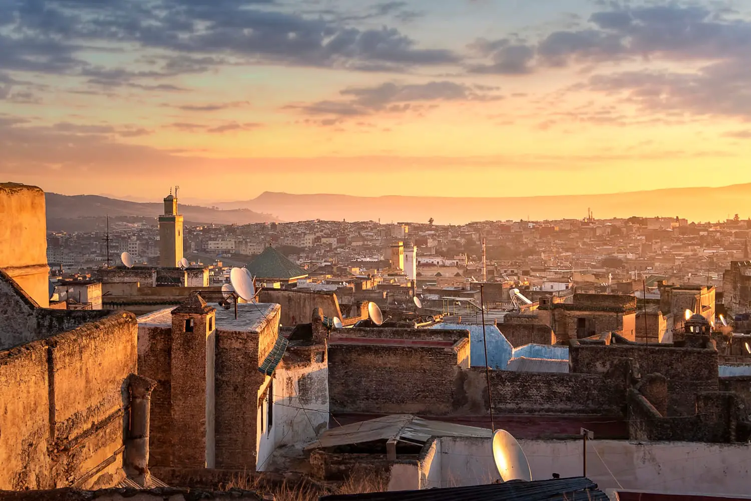 View of the old Medina in Fez (Fes El Bali), Morocco at sunrise.