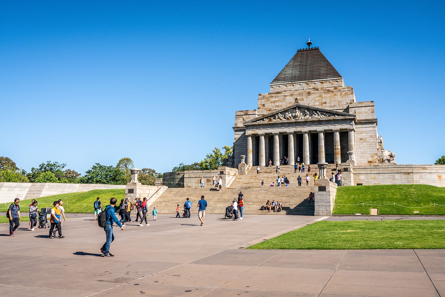View of the Shrine of Remembrance with people and tourists in Melbourne Victoria Australia