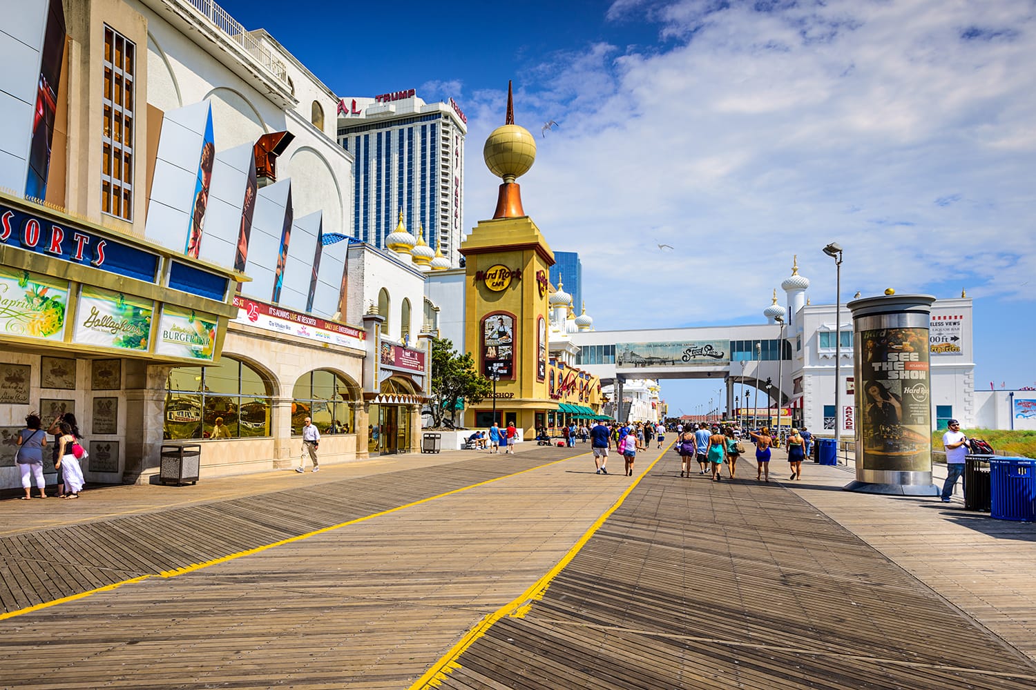 Tourists walk on the boardwalk in Atlantic City, New Jersey, USA