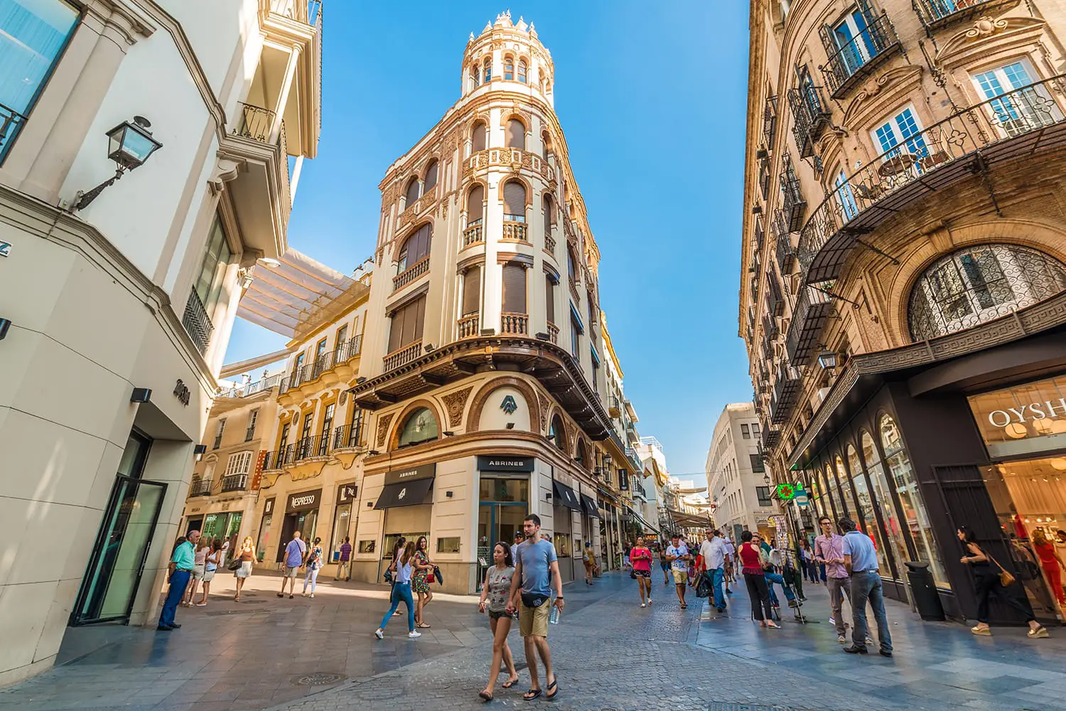 Calle Sierpes is a traditional and busy shopping street in the Spanish city of Seville, Andalusia, Spain