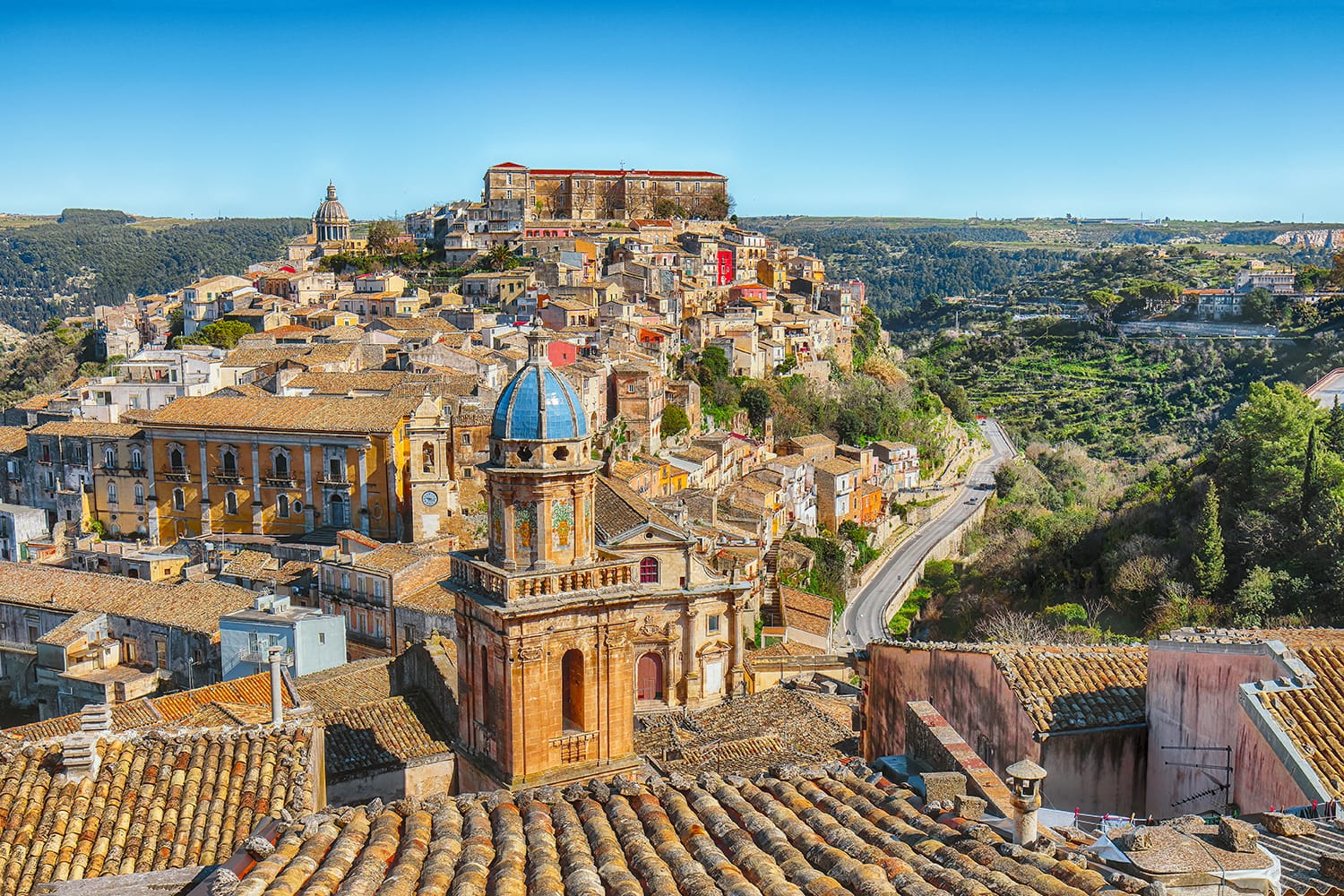 Sunrise at the old baroque town of Ragusa Ibla in Sicily. Historic center called Ibla builded in late Baroque Style. Ragusa, Sicily, Italy, Europe.
