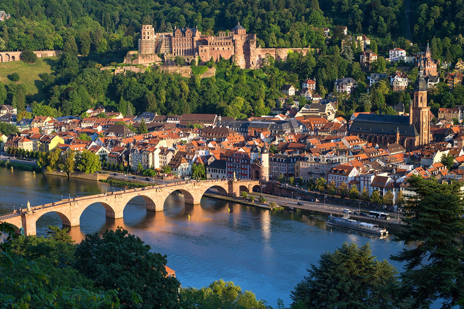 Aerial view of Heidelberg with old bridge and castle, Baden-Wuerttemberg, Germany