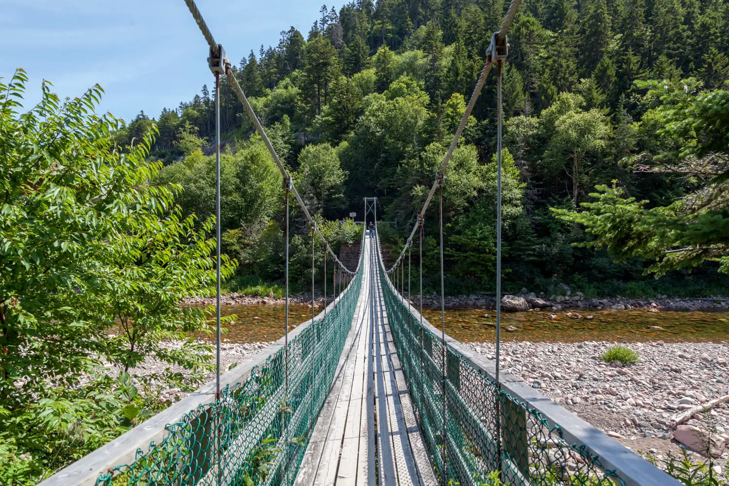 Κρεμαστή γέφυρα που διασχίζει τον ποταμό Salmon στο Εθνικό Πάρκο Fundy New Brunswick Καναδάς