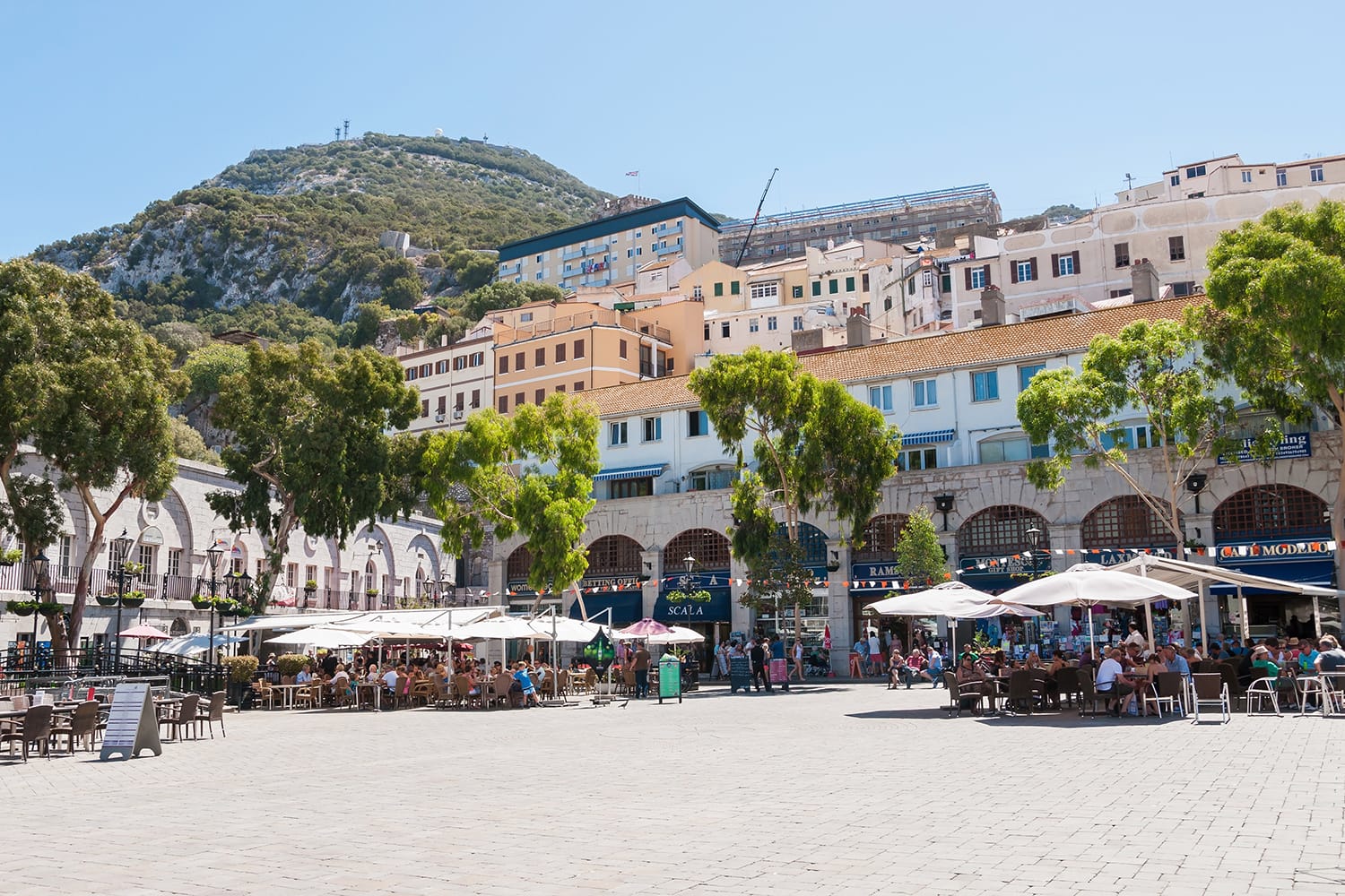 View of Grand Casemates Square. The square is lined with numerous pubs, bars and restaurants and acts as the gateway into Gibraltar's city centre.