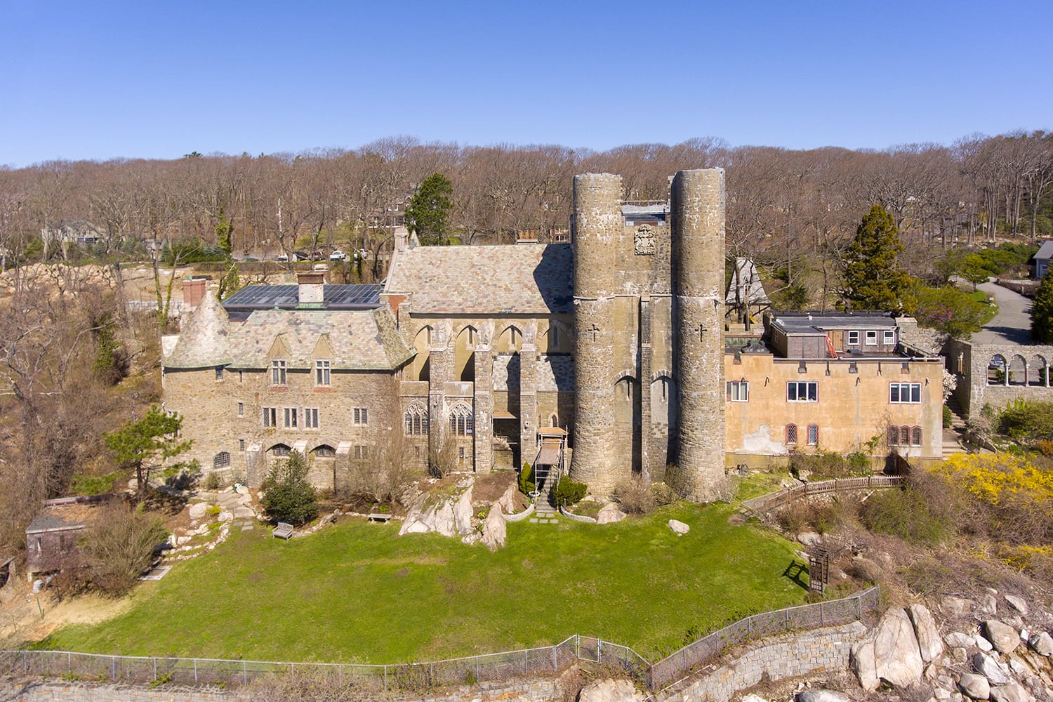 Aerial view of Hammond Castle in village of Magnolia in city of Gloucester, Massachusetts, USA