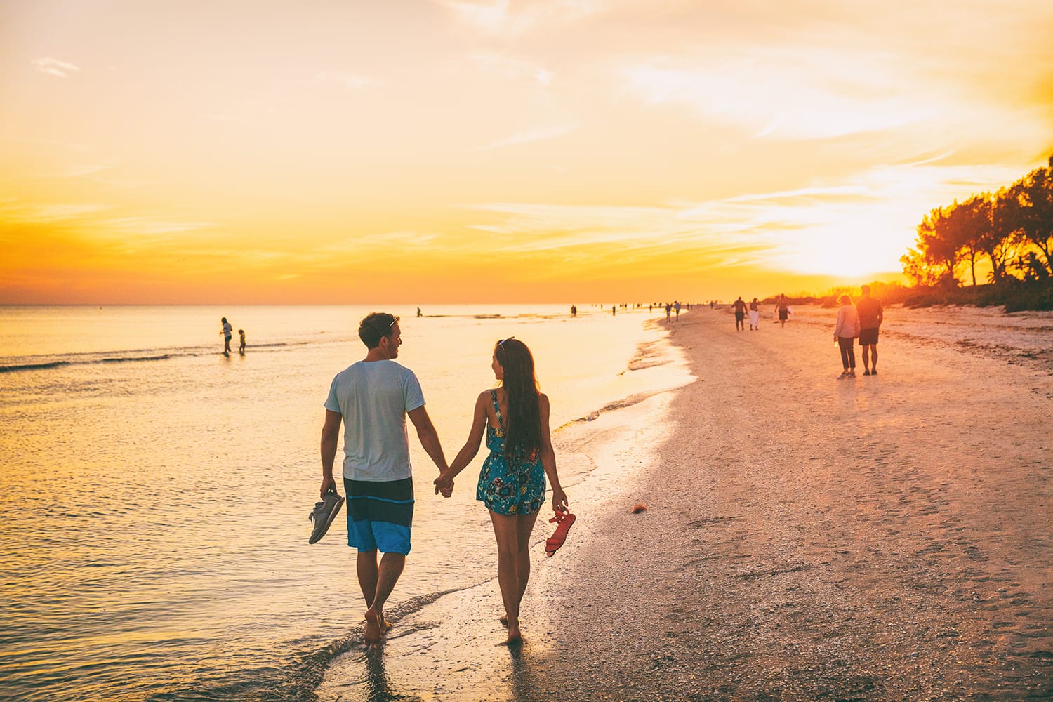 Ζευγάρι που περπατά στην παραλία Shelling στο νησί Sanibel, Φλόριντα στο ηλιοβασίλεμα